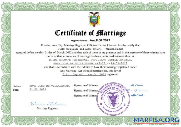 Downloadable Ecuador marriage certificate Word and PDF template